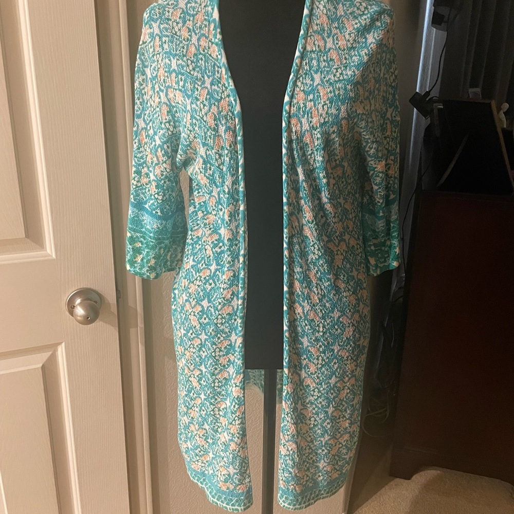 Chico's Teal and Peach Open-Front Jacket